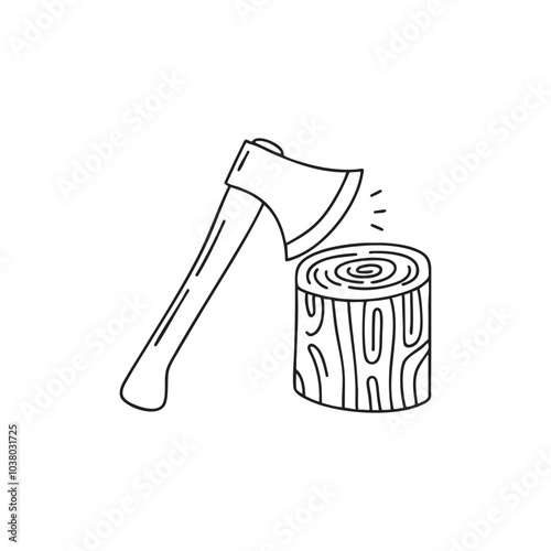 Illustration of an axe leaning against a tree stump