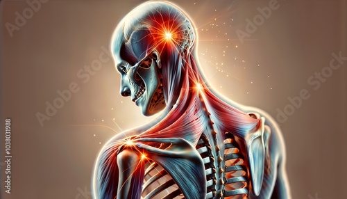 Anatomical Illustration of Muscle Spasms in the Trapezius and Levator Scapulae Muscles