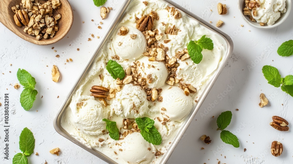 Ice cream with pecans and mint leaves, creamy texture, garnished with nuts Ice cream with pecans and mint leaves, creamy texture, garnished with nuts