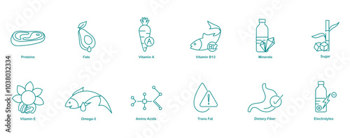 nutrition icon set - vitamins, minerals, amino acids, fats, proteins 