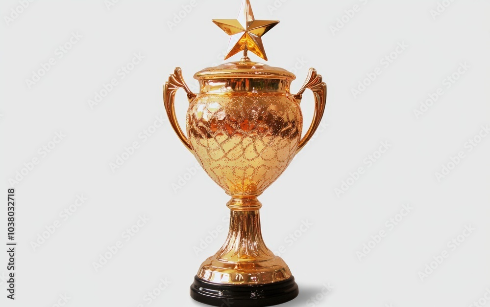 A golden trophy with a star on top professional stock photo on white background 