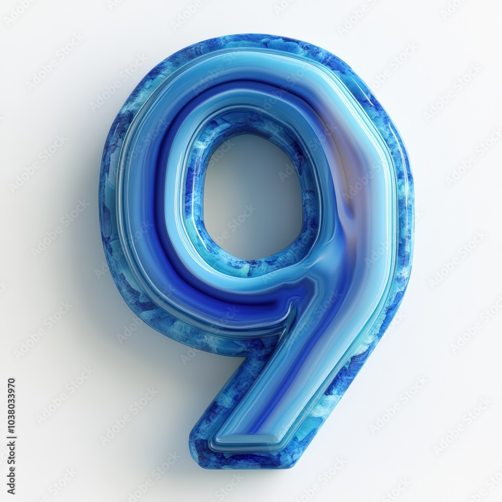 Fototapeta premium 3D number 9 with blue agate texture realistic modern design, soft lighting, white background.