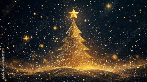 Golden Christmas tree with star atop, shining against a dark background durin...