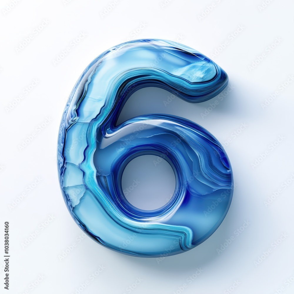 3D number 6 with blue agate texture realistic modern design, soft lighting, white background. 3D number 6 with blue agate texture realistic modern design, soft lighting, white background.