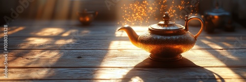 Glimmering antique teapot on a wooden table illuminated by soft rays of morni...