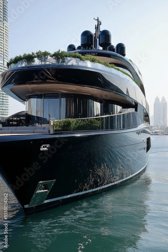 Luxury yacht docked in Dubai Marina on a clear sunny day with skyscrapers in ...