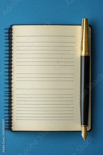 A brown notebook and a black pen resting on a teal table surface during daytime