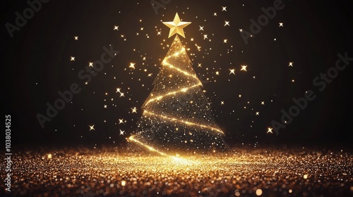 Golden Christmas tree with star atop, shining against a dark background durin...
