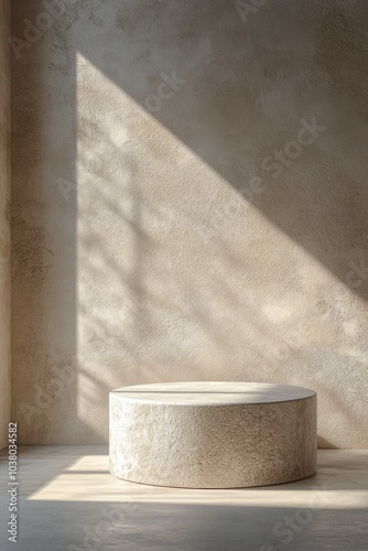 Modern minimalist interior with round stone platform and soft natural lightin...