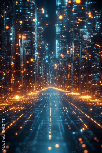 A futuristic cityscape with glowing pathways and digital structures at night