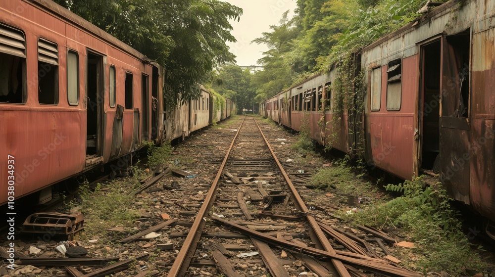 Abandoned train cars along overgrown railway tracks, surrounded by nature Abandoned train cars along overgrown railway tracks, surrounded by nature