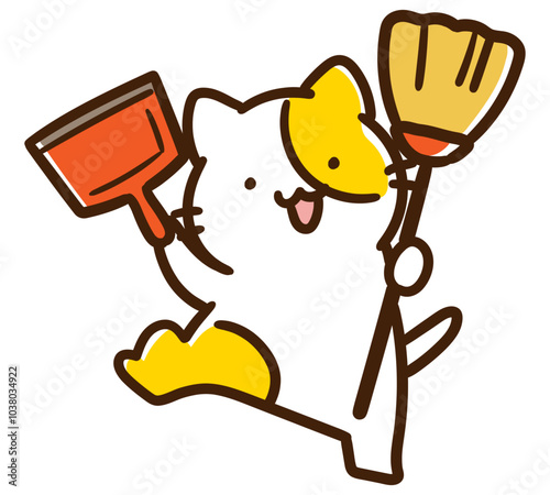 箒とちりとりを両手に持ってはしゃぐかわいいねこのキャラクターのデフォルメイラスト
