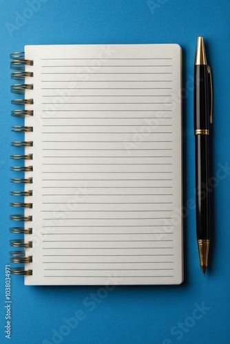 A brown notebook and a black pen resting on a teal table surface during daytime