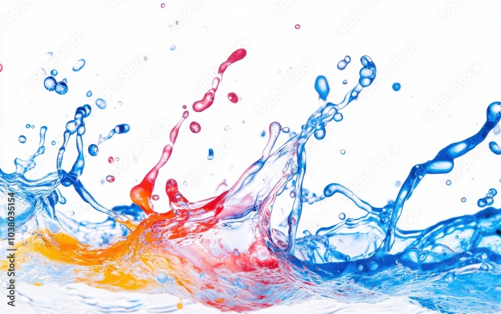 Fototapeta premium Paint drops falling into a clear water surface, creating ripples and reflections, captured in a high-resolution image against a clean white background.