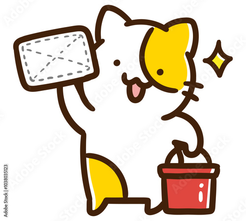 雑巾とバケツを持ったかわいいねこのキャラクターのデフォルメイラスト