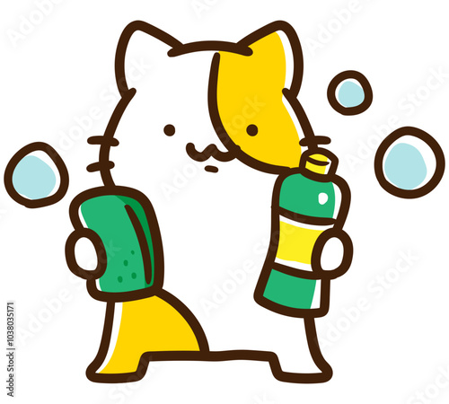 スポンジと洗剤を持つかわいいねこのキャラクターのデフォルメイラスト