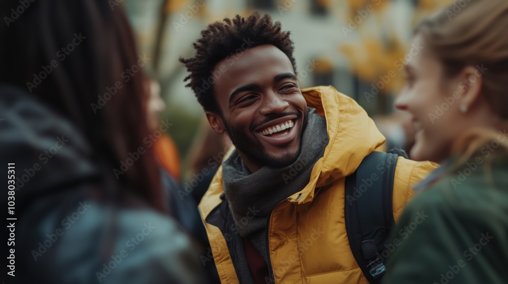 Smiling man in yellow jacket engaging with friends outdoors, autumn setting Smiling man in yellow jacket engaging with friends outdoors, autumn setting
