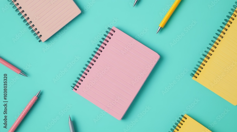 Colorful notebooks and pens on a vibrant teal background perfect for creative ideas and note-taking Colorful notebooks and pens on a vibrant teal background perfect for creative ideas and note-taking