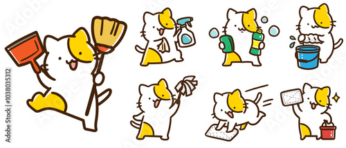 いろいろな方法で掃除をするかわいいねこのキャラクターのデフォルメイラストセット