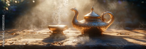 Glimmering antique teapot on a wooden table illuminated by soft rays of morni...
