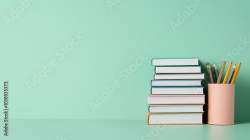Wallpaper Mural A minimalist study space featuring stacked books and pencils in a serene mint green environment for enhanced focus and learning Torontodigital.ca