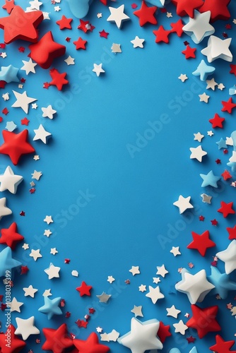 Colorful stars and shiny confetti scattered on a vibrant blue background for ...
