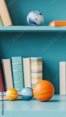 Colorful planet models on a bookshelf an artistic representation of the solar system in a study space
