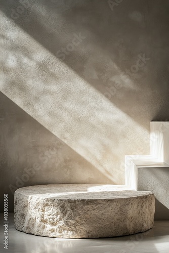 Modern minimalist interior with round stone platform and soft natural lightin...