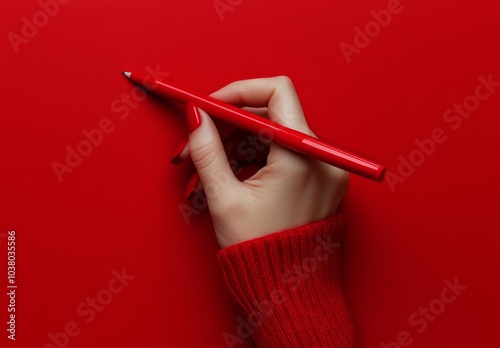 A hand holding a red pen on a vibrant red surface in a creative workspace set...