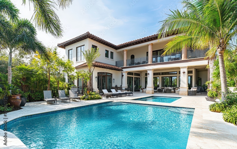 Fototapeta premium Tropical villa on a bright sunny day, surrounded by palm trees and a sparkling pool, under a clear blue sky. 