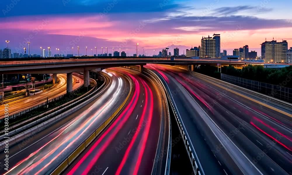 Busy city highway at sunset with light trails Busy city highway at sunset with light trails
