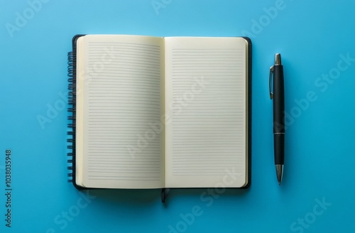 A blank notebook and pen on a vibrant blue background waiting for creative th...