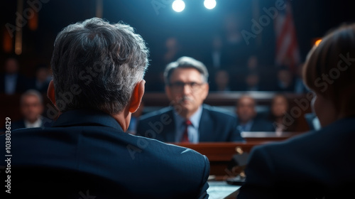 courtroom scene featuring witness on stand, with focused audience in background. atmosphere is tense and serious, highlighting importance of testimony being given