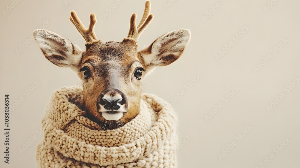 Festive Reindeer with Scarf on Beige Background Festive Reindeer with Scarf on Beige Background