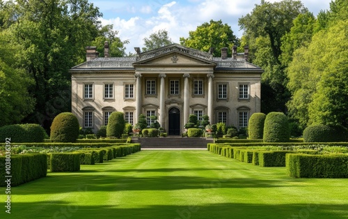 Georgian manor surrounded by manicured gardens on a bright summer day, with its grand windows and elegant symmetrical design