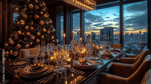 Elegant holiday dining setup with cityscape view and Christmas tree during ev...