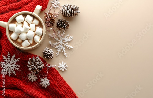Cozy winter hot chocolate with marshmallows and pine cones on a red knitted b...