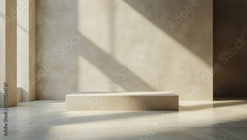 A minimalist interior space featuring a simple platform illuminated by natura...