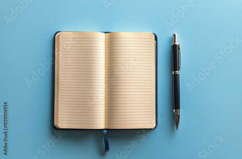 A blank notebook and pen on a vibrant blue background waiting for creative th...