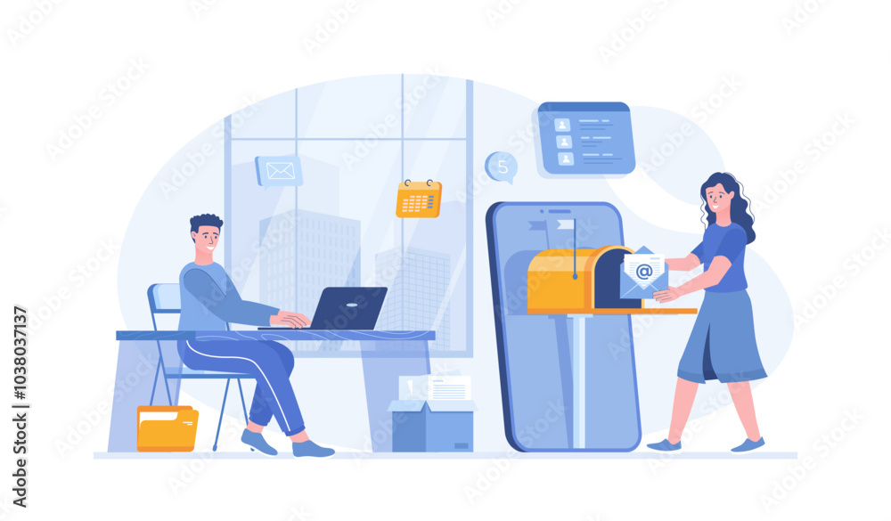 Mobile email service. Newsletter sending, promo mail, email marketing. Vector illustration with characters in flat design for web banner. Mobile email service. Newsletter sending, promo mail, email marketing. Vector illustration with characters in flat design for web banner.