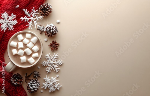 Cozy winter hot chocolate with marshmallows and pine cones on a red knitted b...