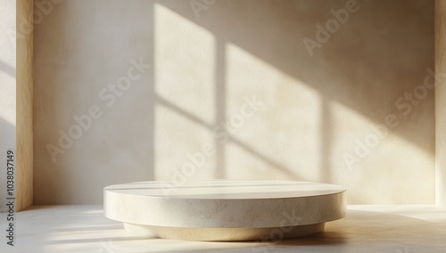 A minimalist interior space featuring a simple platform illuminated by natura...