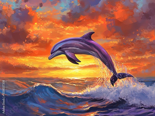 Graceful Dolphin Statue Leaping Over Waves: A Stunning Ocean Scene with Vibrant Sunset Reflections - Perfect for Sports-Themed Wall Art Poster! photo