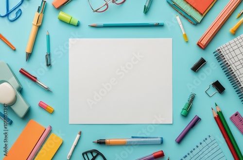 Colorful stationery and stationery supplies arranged around blank paper on a ...