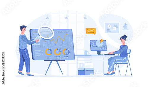 Big data analysis, business statistics research. Analysts analyze charts, graphs, database. Vector illustration with characters in flat design for web banner.