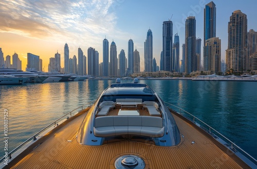 Luxury yacht at sunset with stunning Dubai skyline in the background