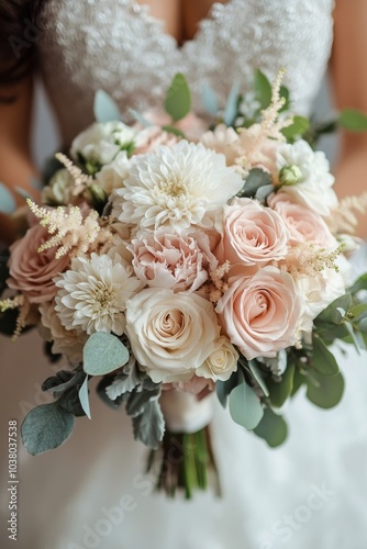 Delicate pink roses and white flowers arranged in a beautiful bouquet for a s...