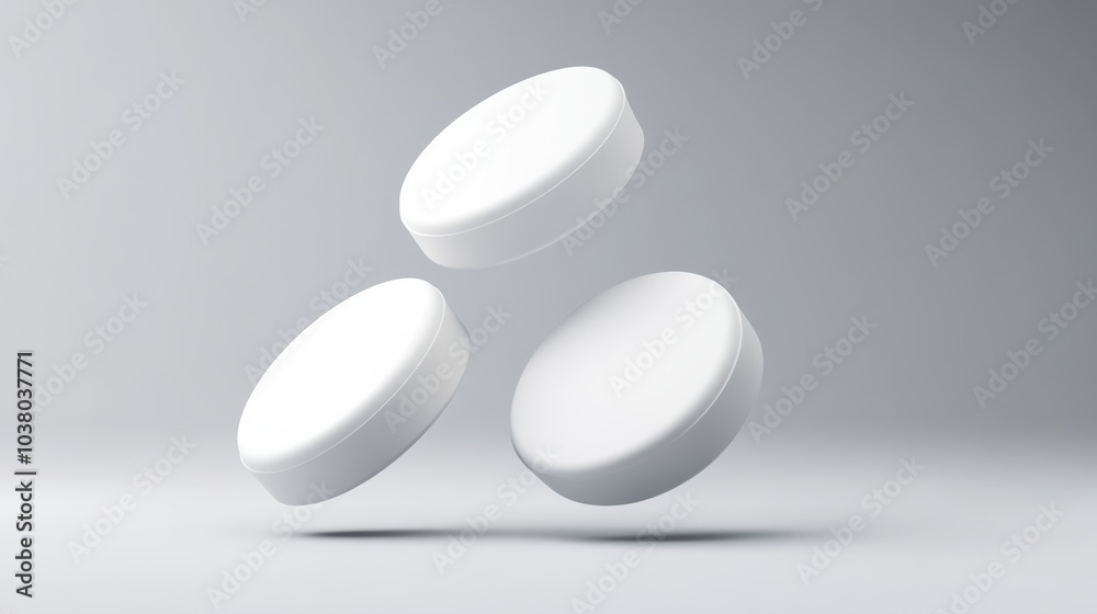 Three white pills are shown in the air, with one of them being slightly larger than the other two. The pills are floating in the air, giving the impression of weightlessness. Concept of lightness Three white pills are shown in the air, with one of them being slightly larger than the other two. The pills are floating in the air, giving the impression of weightlessness. Concept of lightness