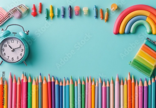 Colorful arrangement of pencils and clock on a turquoise background for creat...