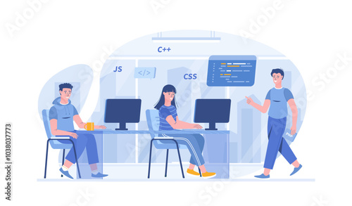 Programming language courses. Mobile app and computer software developing. Hi tech training concept. Vector illustration with characters in flat design for web banner.